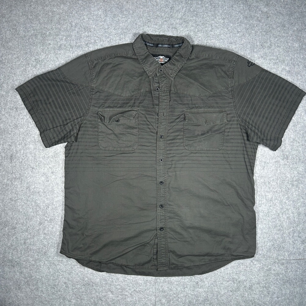 Harley Davidson Shirt Mens 3XL Gray Striped Short Sleeve Button Up Casual‎ Biker